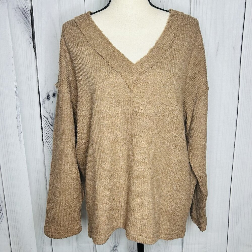 By Together Sz L Brown V-Neck Oversized Ribbed Knit Sweater Boho Beach Coastal